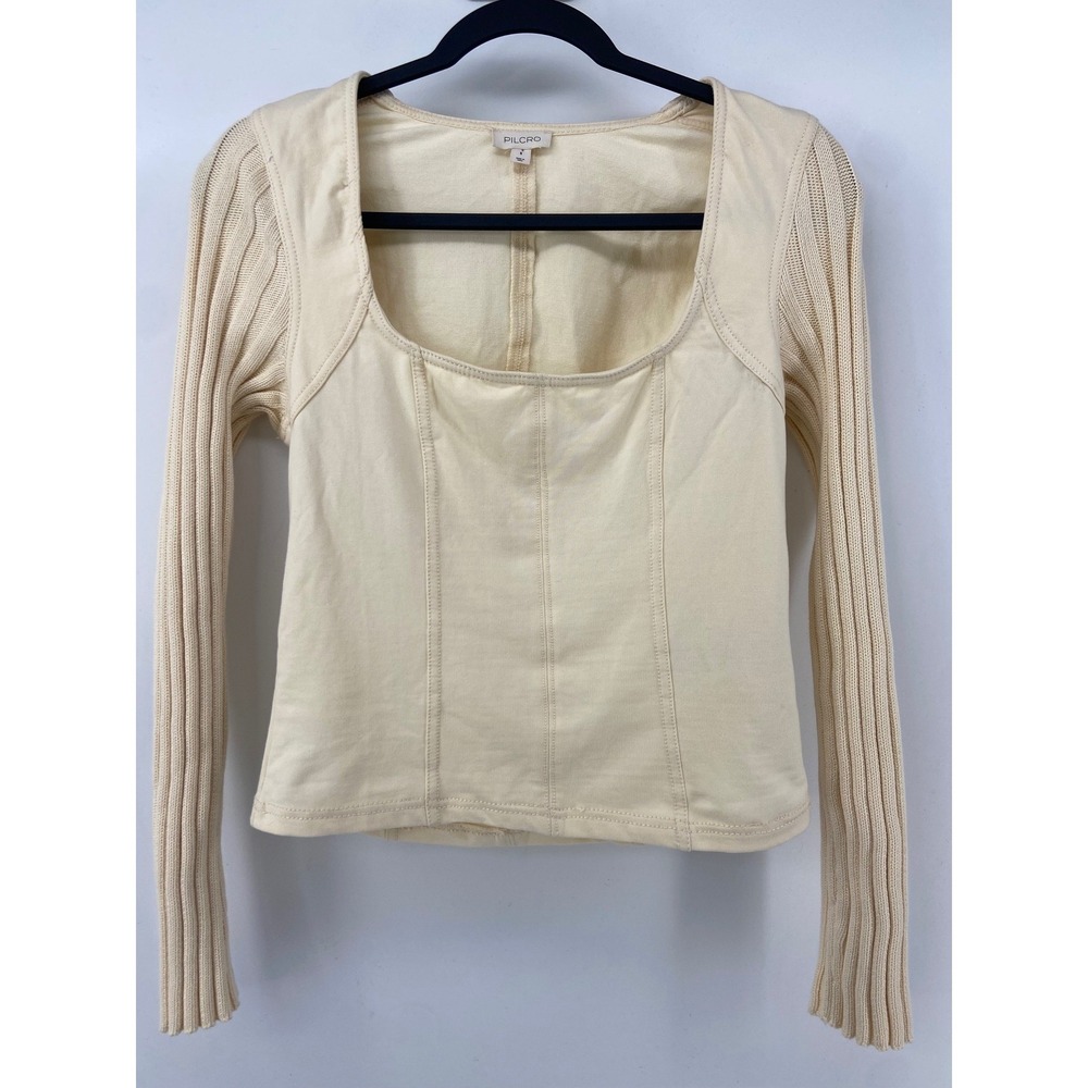 Pilcro Anthropologie Top Women‎ Small Cream Corset Ribbed Knit Sleeve Minimalist